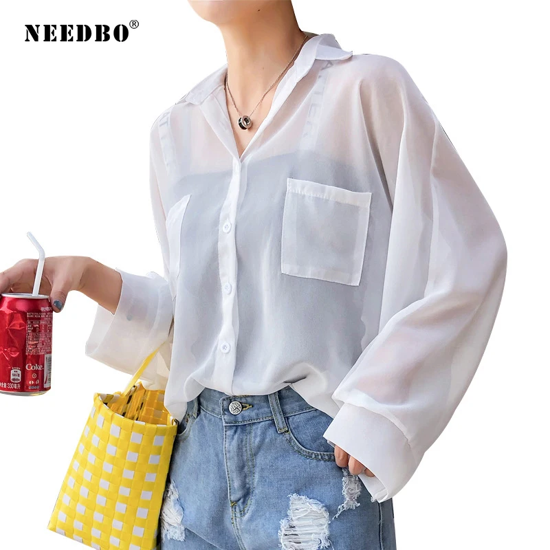 

NEEDBO Chiffon White Blouse Women Long Sleeve Casual Anti-sunburn Womens Tops and Blouses Women Shirts Blusas Mujer De Moda 2019