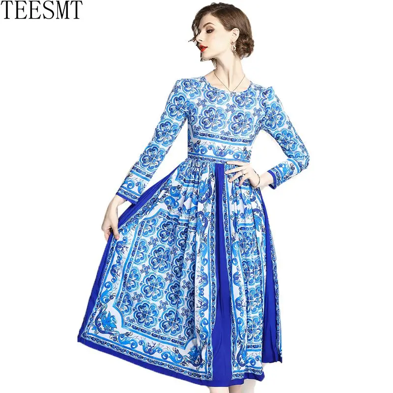 

2019 New Runway Silk Chiffon Porcelain Print Spring Summer Dresses Women Fashion Empire Long Sleeve Runway Vestidos
