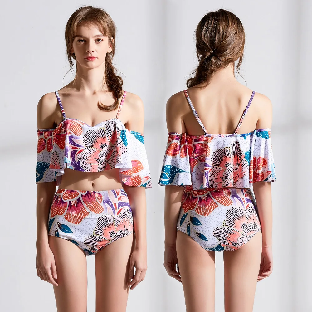 2019 New Sexy Ruffled Bikini Swimsuit Print Women Swimwear Two Piece Push Up Monokini Bathing Suits High Waist Set |