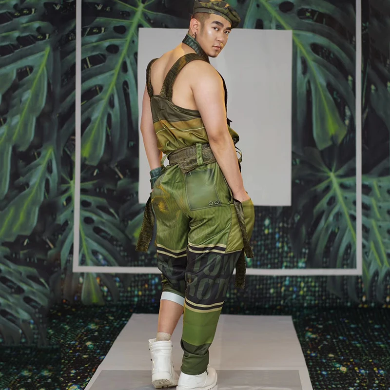 Сценические костюмы для Для Мужчин зеленый рабочие комбинезон Наряд для дня рождения мужской костюм Go-Go в стиле «хип-хоп» восторженные одежда для шоу DT1171