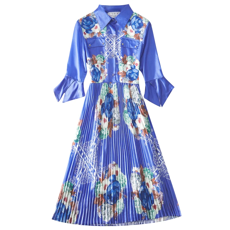 

Women Clothes 2019 Retro Blue Color Women Dress Chinese Style Flower Print Nice Dress Plus Size Dress Knee-length Hot Chic