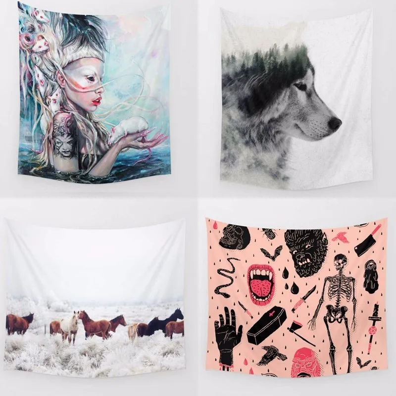 

Afervor Polyester Art Tapestry Wolf Horse Skull Wall Hanging Gobelin Mural Living Room Bedroom Office Decor 130x150cm