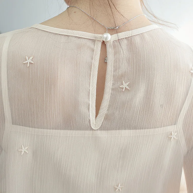 Новая Корейская версия свободной вышивки звезд фонарь рукав двухсекционная шифоновая рубашка Женская куртка