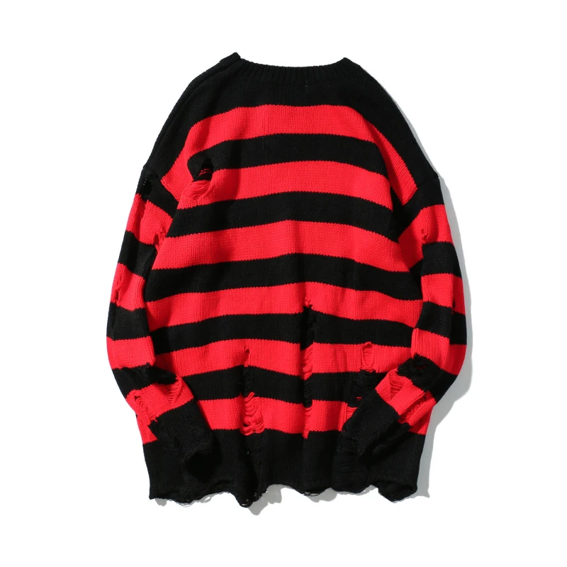 2019 New Ripped Stripe Knit Sweaters Men Hip Hop Hole Casual Pullover Sweater Male Fashion Loose Long Sleeve Sweaters Red Black 2019 New Ripped Stripe Knit Sweaters Men Hip Hop Hole Casual Pullover Sweater Male Fashion Loose Long Sleeve Sweaters Red Black