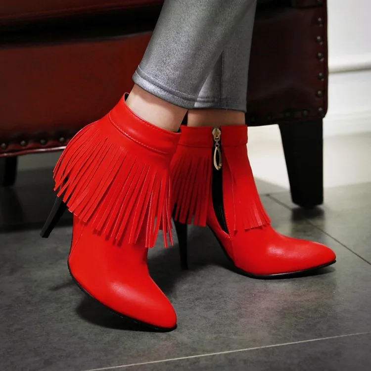 

Large Size 34-47 Women Ankle Boots Heels 2017 Autumn Winter Botas Red High Heel Shoes Platform Fringed Woman Boots Female 906