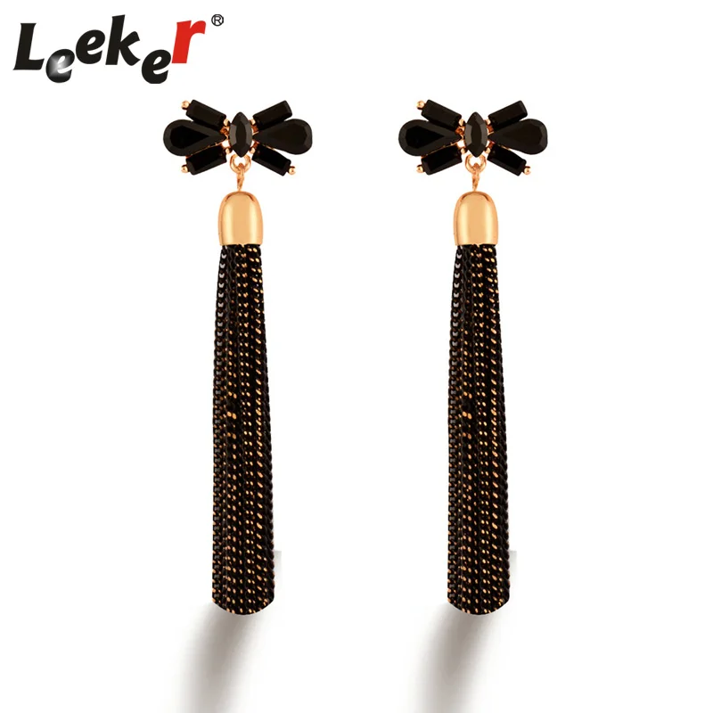 

LEEKER Women Gothic Style Black Tassels Earrings With Black/Red Cubic Zirconia Bow Female Retro Wedding Party Jewelry LK8
