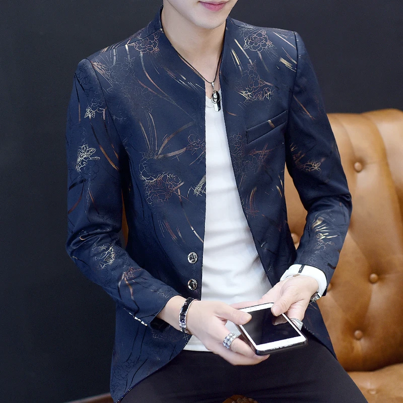 Mens Floral Blazer Chinese Collar Suit Jacket Gold Print Club Party