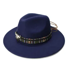 LUCKYLIANJI Ретро Для женщин Для мужчин Винтаж шерсть широкими полями Кепки Fedora панама джаз шляпа-котелок Головы Быка кос группа(57 см/отрегулировать