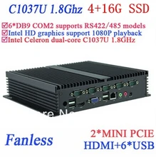Wide application IPC mini pc 4G RAM 16G SSD fanless INTEL Celeron C1037u 1.8 GHz VGA HDMI RJ45 usb 6*COM windows Linux