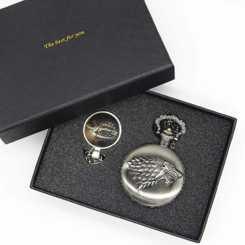 

2017 Bronze Steampunk Pocket Watch Sets Game of Thrones House Strak Design Men Women Watch Necklace Jewerly Gifts Xmas