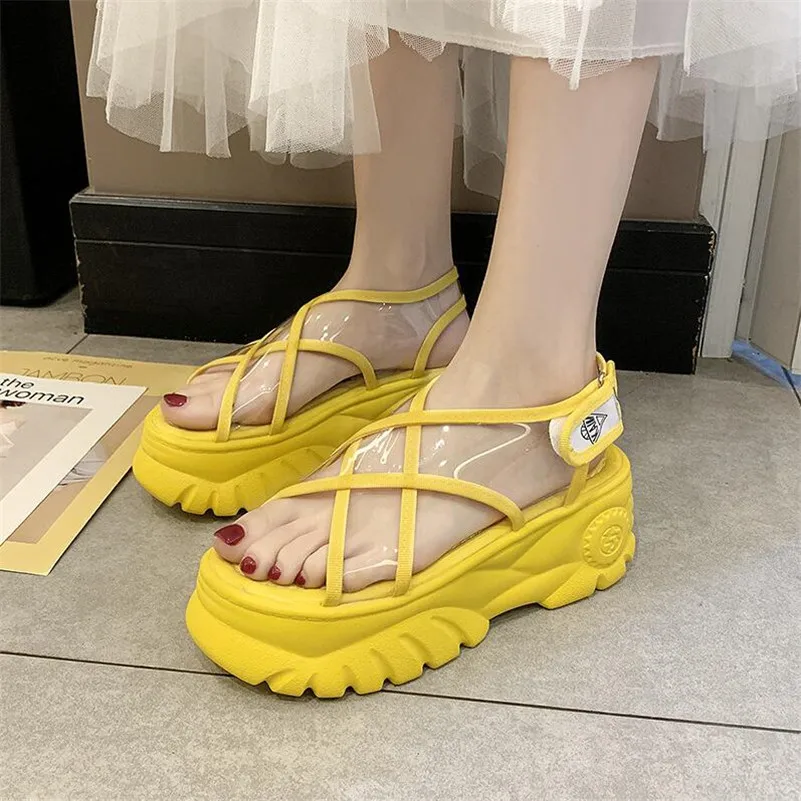 

Cross sandals female 2019 summer new wild thick platform shoes transparent belt Roman shoes