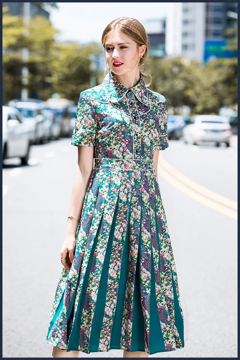 2019 Spring Summer Women short Sleeve Floral Print Elegant Casual Dresses Vestidos Robe Femme floral lapel print pleated Dress (12)