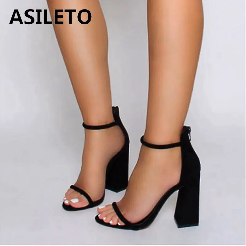 

ASILETO 2019 peep toe Block square high heels Sandals Faux suede Zipper Candy color Ankle strap cover heel Dress Black Red E105