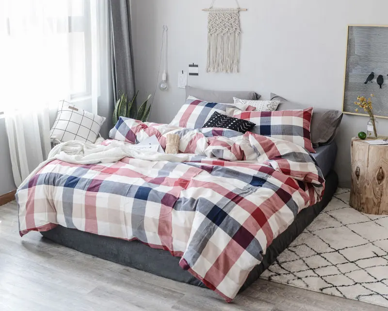 

100% plaid egyptian washed cotton bedding set pink luxury girl designer bed set duvet cover sheet linen pillowcase