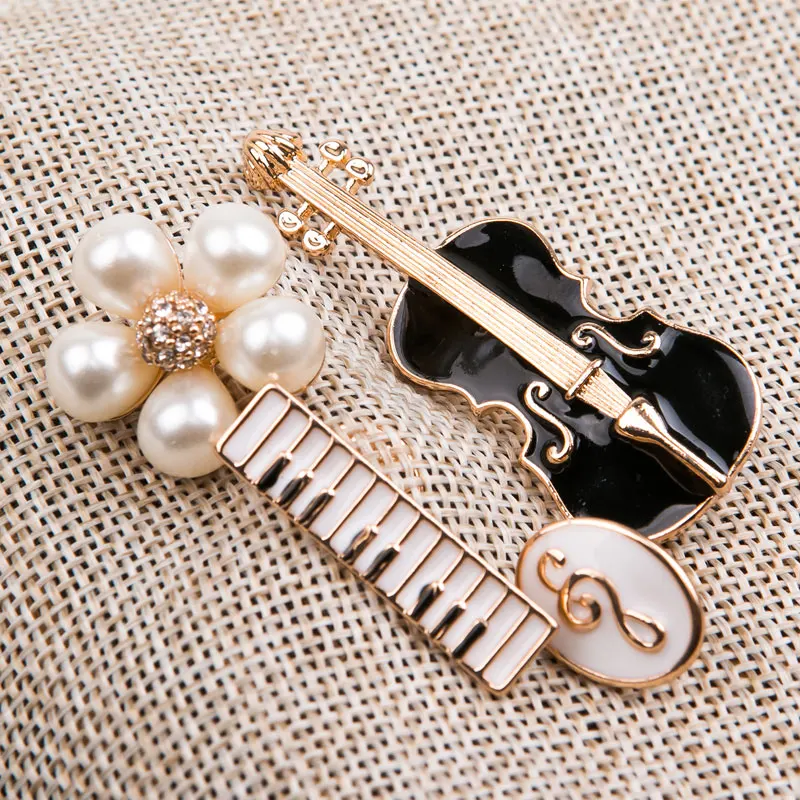 

1pc Big design piano violin guitar musical note pearl enamel brooch drip oil brooch metal badge denim