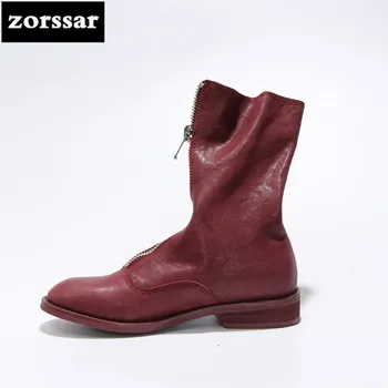 

{Zorssar} 2018 New Real Leather mid-calf boots flat Women Equestrian boots Women snow boots Winter Women's shoes Big Size 43