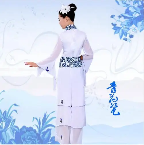 (0105) blue and white porcelain costumes classical dance fan yangko dance costume guzheng flute performance national costume