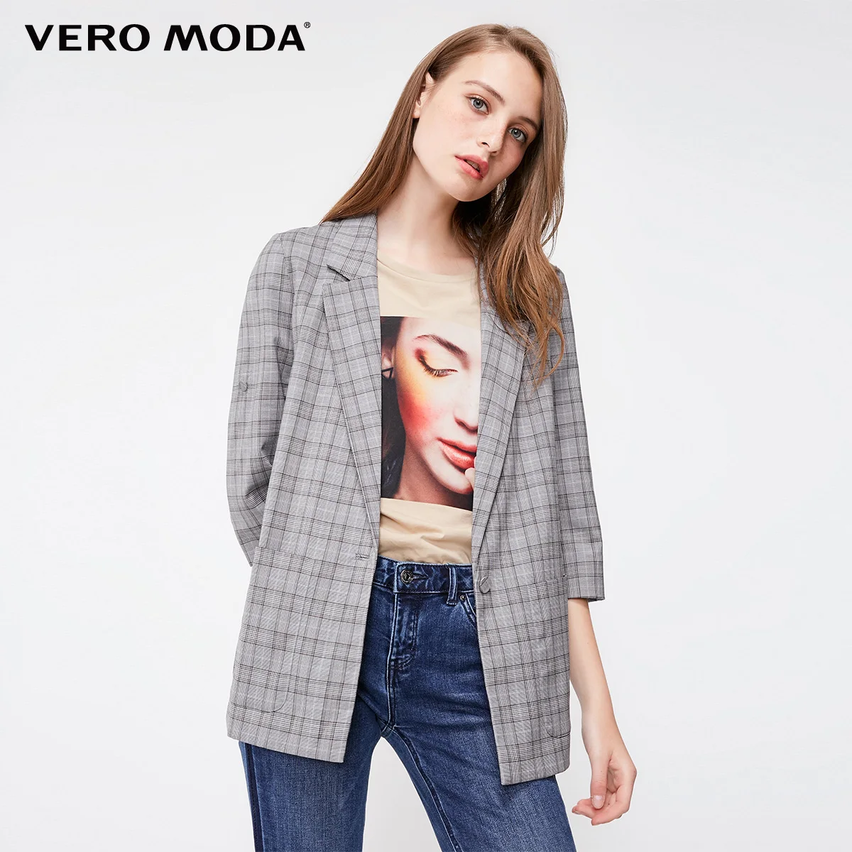 Vero Moda Женская клетчатая печать 3/4 рукава Длинная Куртка Блейзер | 318308511 - Цвет: Lt. grey mel.