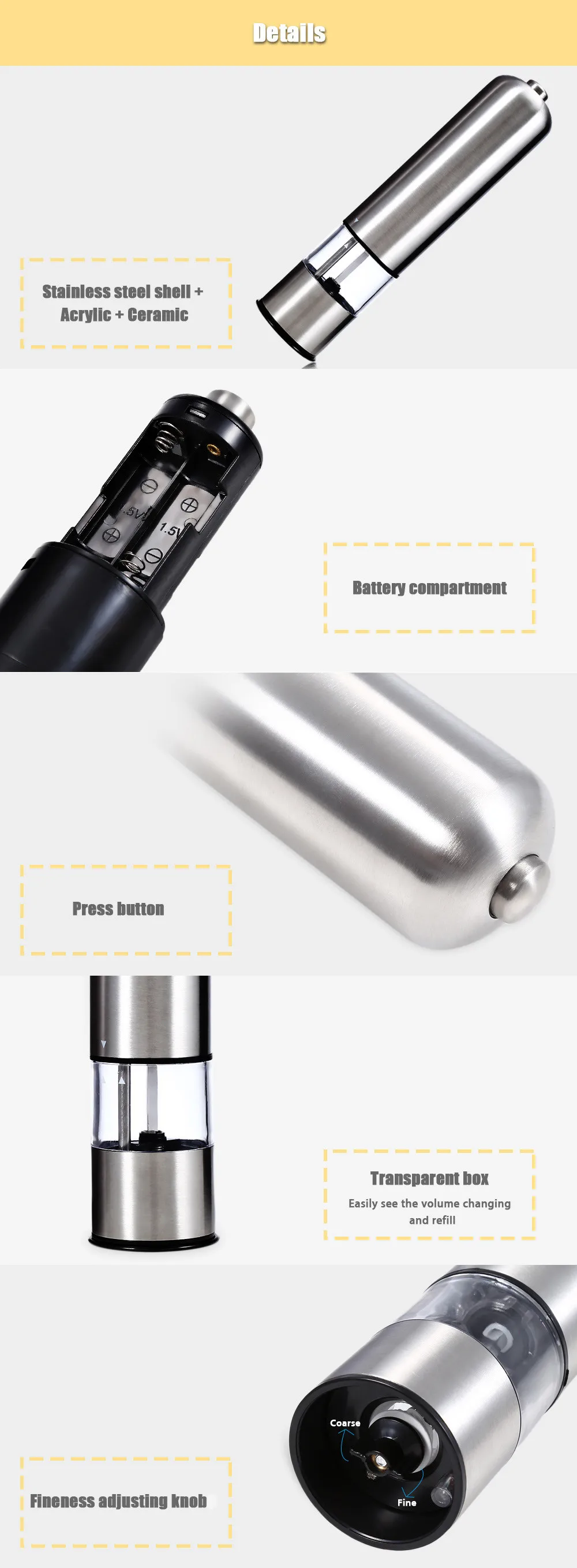Kitchen Tools Stainless Steel Portable Electric Pepper Grinder Muller Pepper Mill with Light Seasoning Grinding Kitchen Tools13