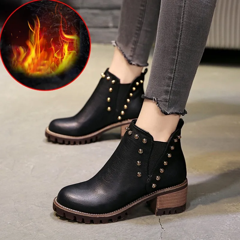 

LAKESHI Mujer Zapatos Women Shoes 2018 Fashion Winter Autumn PU Casual Shoes Women's High Heels Boots Women Botas Thick Heel