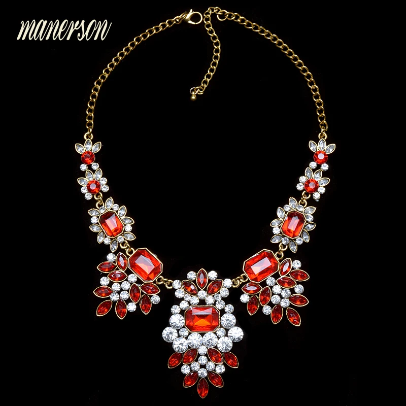 Manerson Fashion 5 Colors Brand Crystal Flower Gold Silver Plated Chain Choker Statement Necklaces Rhinestone Collar