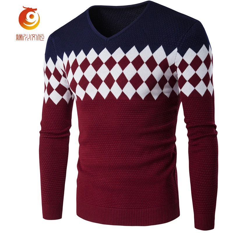 Sweaters Male Brand 2017 Stylish Diamond Lattice Knitted Men Long