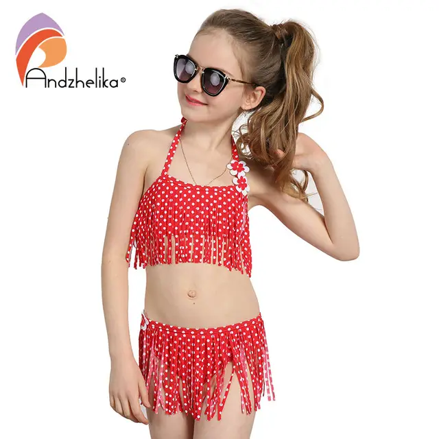 Cheap Andzhelika Summer Children's Swimwear 2018 New Girls Bikini Cute Dot Child Bikini Set Kids Tassel Swim Suit For Girl Swimwear 