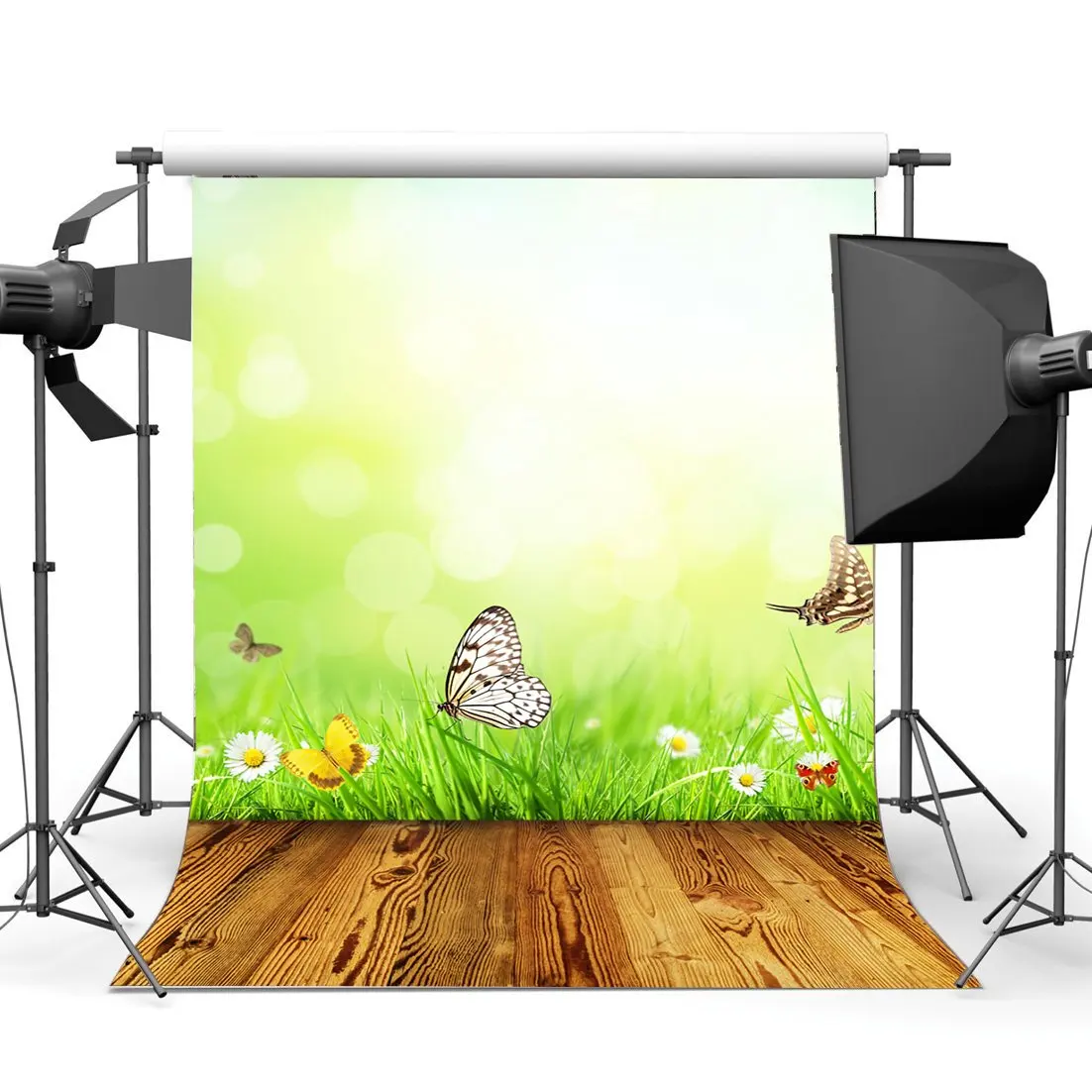 Nature Spring Backdrop Butterfly Blooming Fresh White Flowers Green Grass Meadow Bokeh Sequins Vintage Wood Floor | Электроника