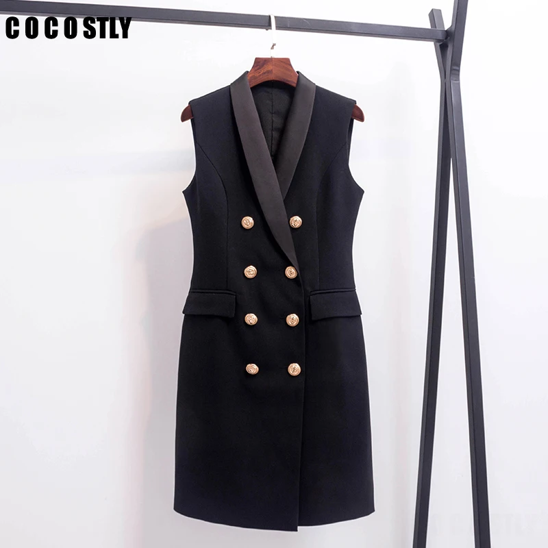

double breasted blazer women dress Autumn sleeveless plus size black white vest dresses Office ladies vintage solid vestidos