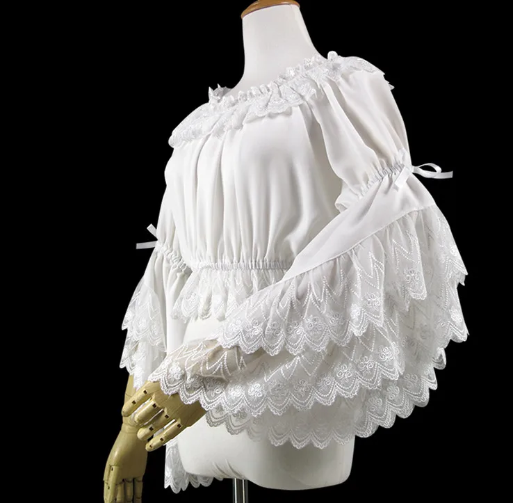 Классический Лолита Блузка Кружева слоистых рюшами с длинным рукавом шифон Белый Топ