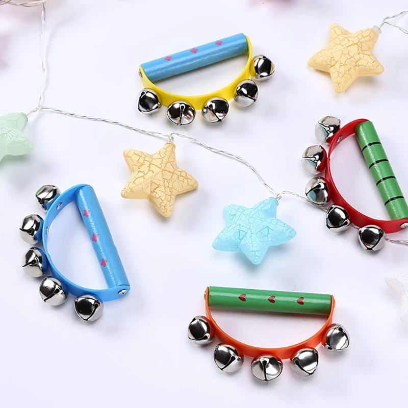 10Pcs Vivid Color Jingle Bells Sleigh Bells Instrument On Wooden Handle For Baby Kids Children Musical Toys