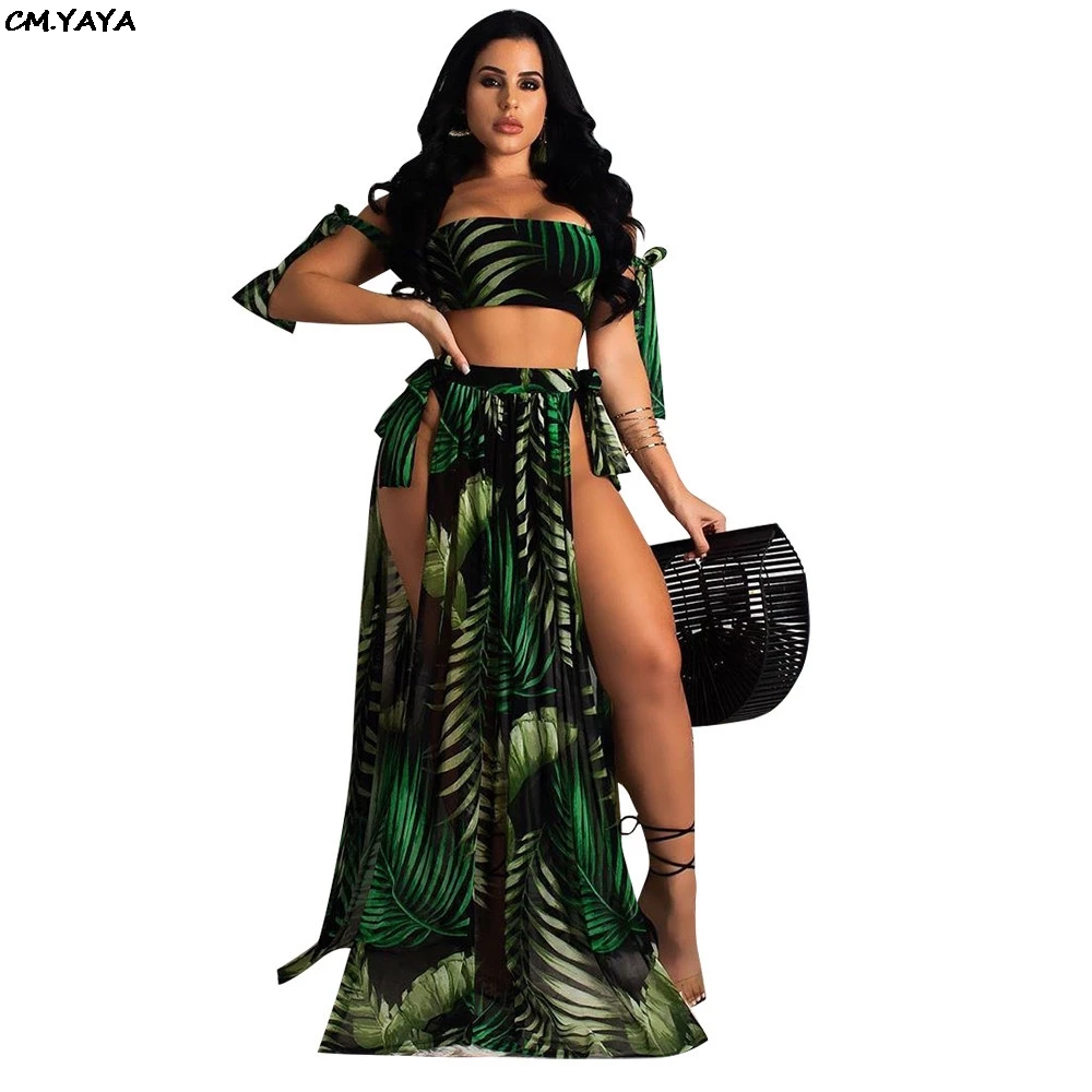 

2019 new women summer beach leaf print off strapless crop top split maxi skirt & shorts three piece suit sexy swimsuit GLLD8355