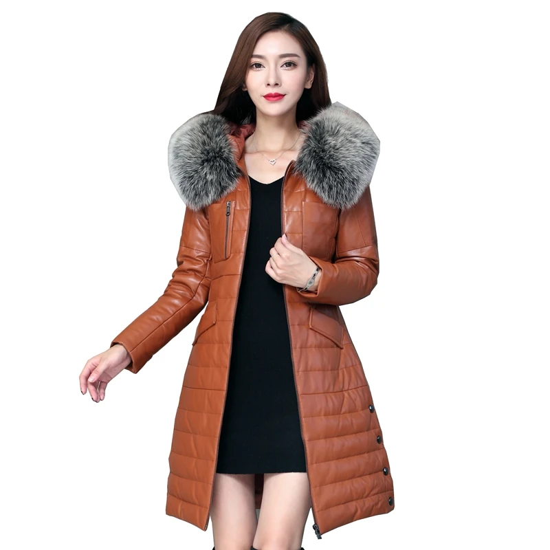 European Winter Women Real Leather Parkas Down Coats Fox Fur Hoody Lady