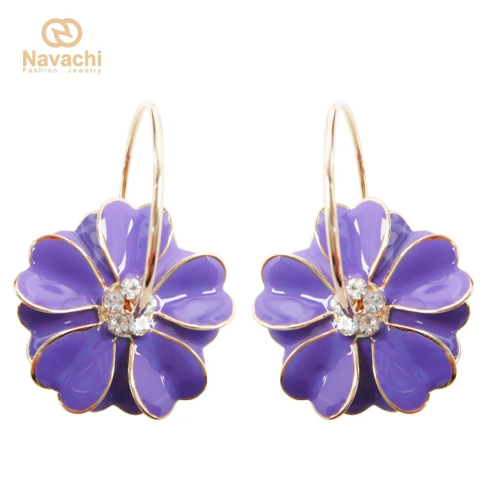 

Navachi Purple Enamel Flower Yellow GP Clear Crystal Rhinestone Hoop Hook Free Shipping Dangle Earrings SMT2431