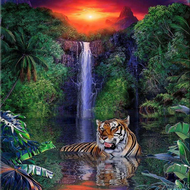 

100% Full 5D Diy Daimond Painting "Tiger&Waterfall" 3D Diamond Painting Round Rhinestones Diamant Painting Embroidery Animals