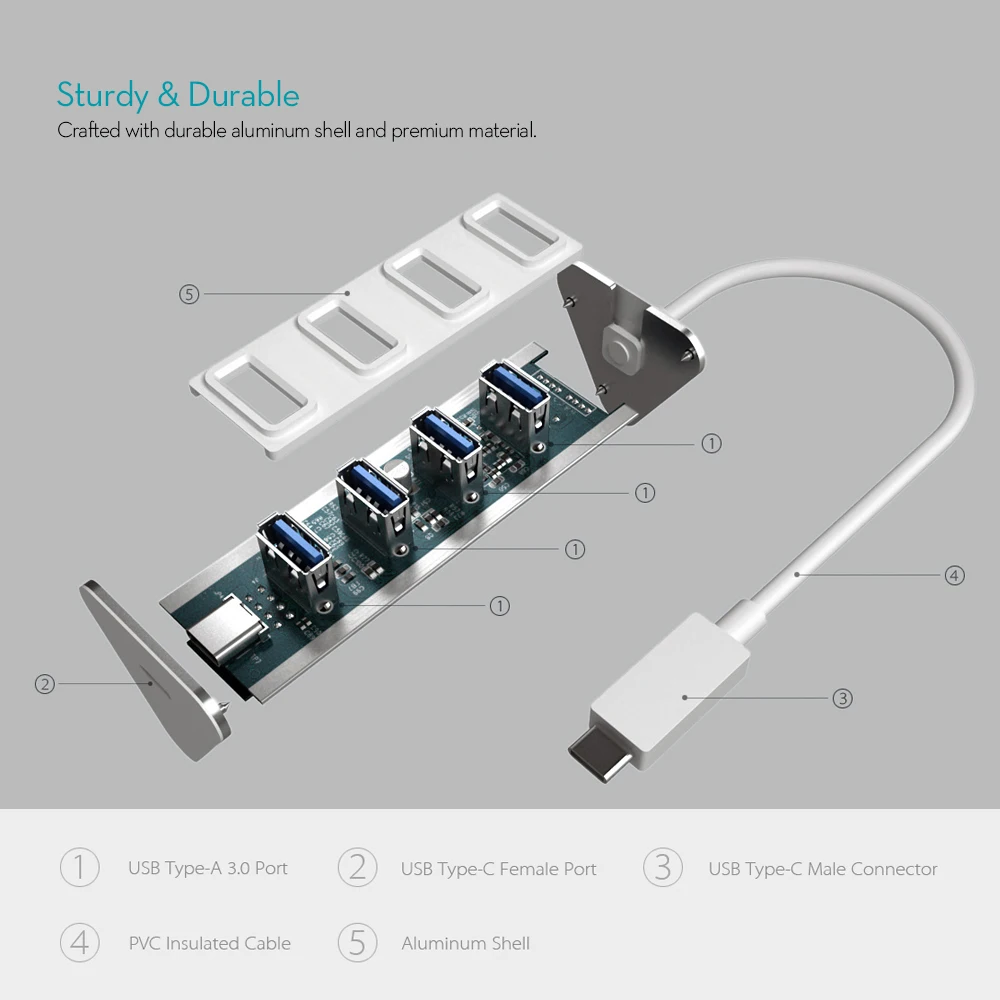Адаптер dodocool Алюминиевый USB Type C (папа) 4 порта 3 0|4-port usb 3.0|usb 3.0 hub adapter4-port |