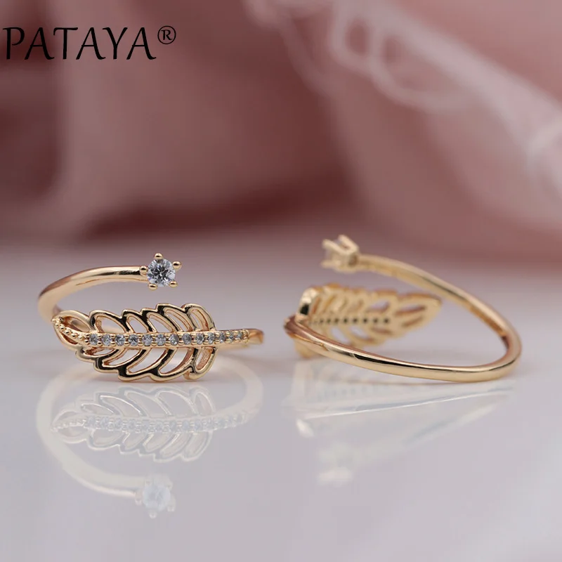 

PATAYA New 585 Rose Gold Micro-wax Inlay Natural Zircon Leaf Up Open Rings Women Wedding Party Noble Fine Romantic Cute Jewelry