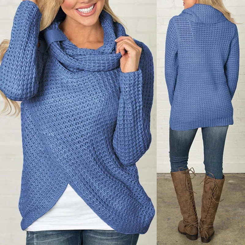 

New Women Knitted Sweater Long Sleeves Irregular Hem Button Loose Tops for Autumn VN 68