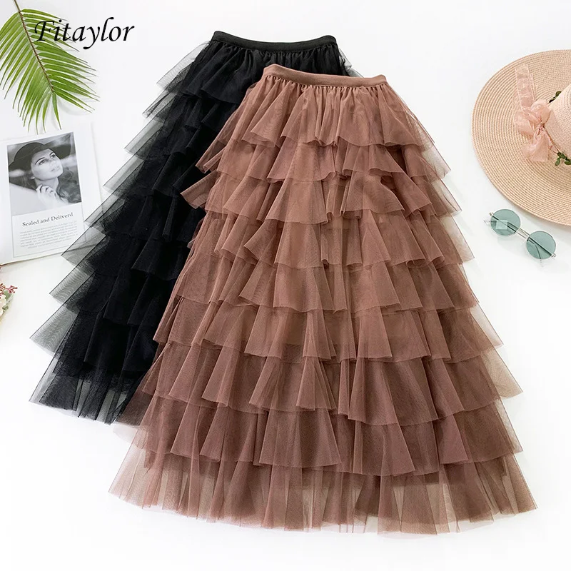 

Fitaylor Summer Women Tulle Skirt Elastic Waist Sweet Ball Gown Skirts Female High Waist Slim Medium Long Fairy Skirt