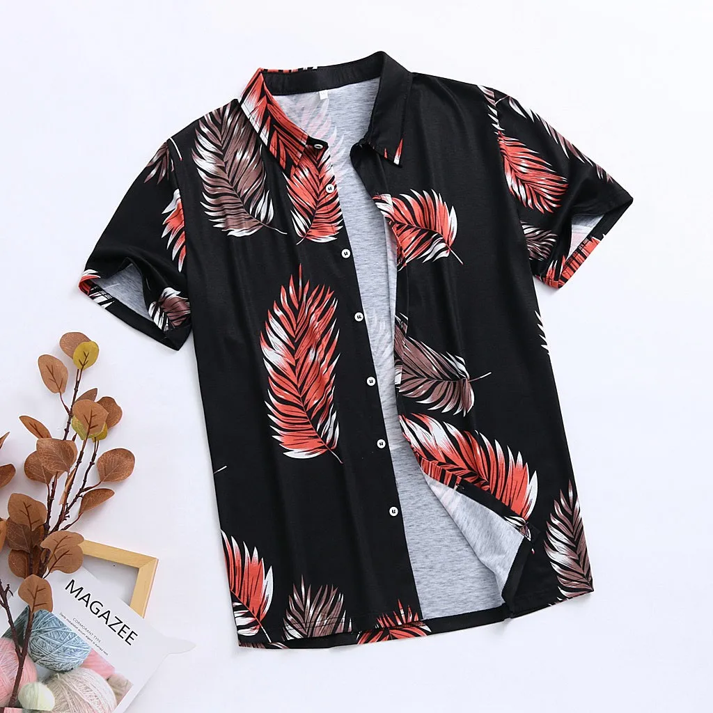Повседневная рубашка с коротким рукавом Гавайский принт Мужская рубашка мешковатая пляжная, с пуговицами Ретро отложной воротник Мужская Блузка Топы Camisa masculina