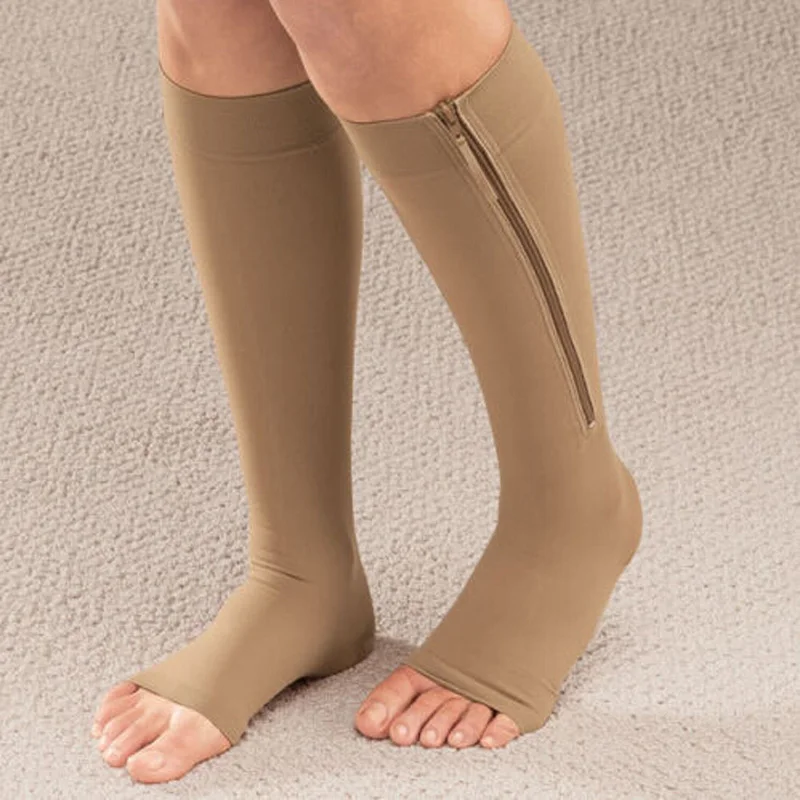 

Fashion 1pair Zip Compression Socks Zipper Leg Support Knee Stockings Open Toe Thin Anti-Fatigue Unisex Below Knee Socks Hot