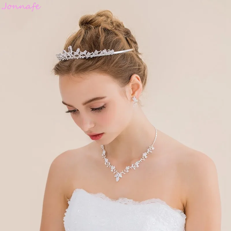 

Jonnafe Shine AAA Zircon Bridal Necklace Earrings Set Silver Color Women Pageant Prom Jewelry Sets Wedding Accessories