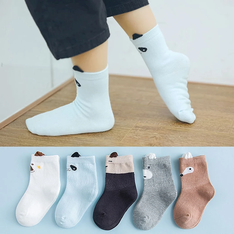 Myudi - 5 Pairs/lot Spring Children Socks Combed Cotton Baby Carton Animal Girl Sock Airy Boys Short Fox Kitty Socks 0-5Y