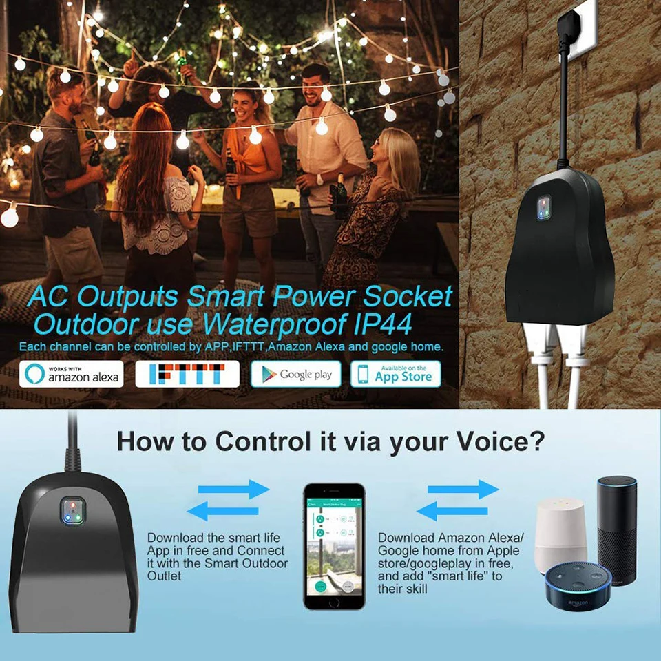 Открытый смарт-разъем, AOFO наружная Wi-Fi розетка, Совместимость с Alexa и Google Home, беспроводной пульт дистанционного управления/таймер со смартфона