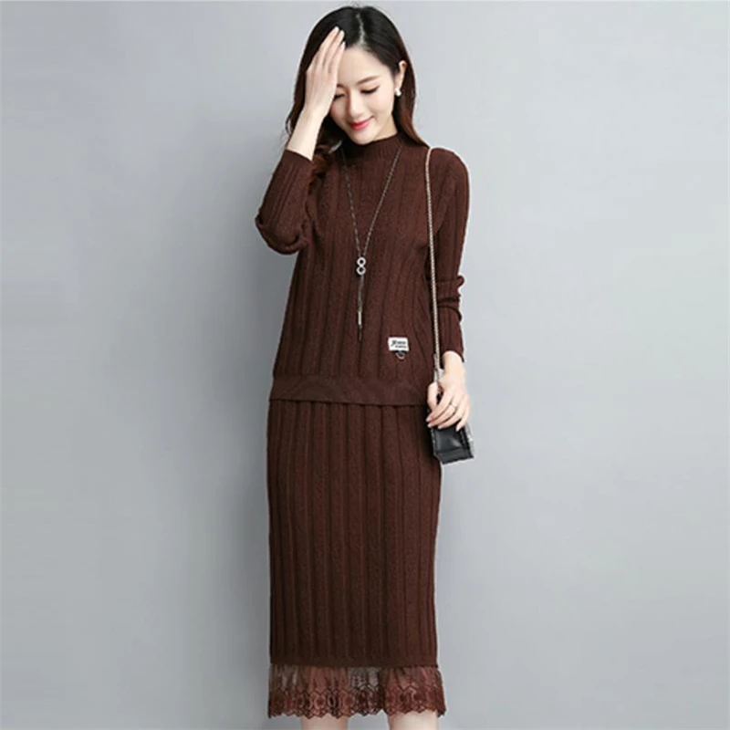 Spring New Knitted Sweater Two Piece Set Top+ Skirt Women Plus size Lace edge Skirt Loose Turtleneck Sweater Pullover Dress 3XL