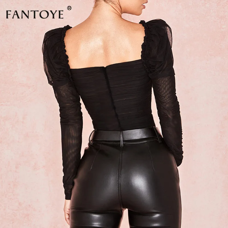 Fantoye сексуальные черные кружевные боди с низким воротником женские сетчатые многослойные с открытой спиной и оборками тонкие облегающие Топы Femme элегантные винтажные комбинезоны