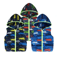 Зимний жилет для мальчиков; куртки; повседневное теплое пальто для малышей; Жилеты с капюшоном для мальчиков с принтом машин; детская верхняя одежда и пальто; одежда для детей
