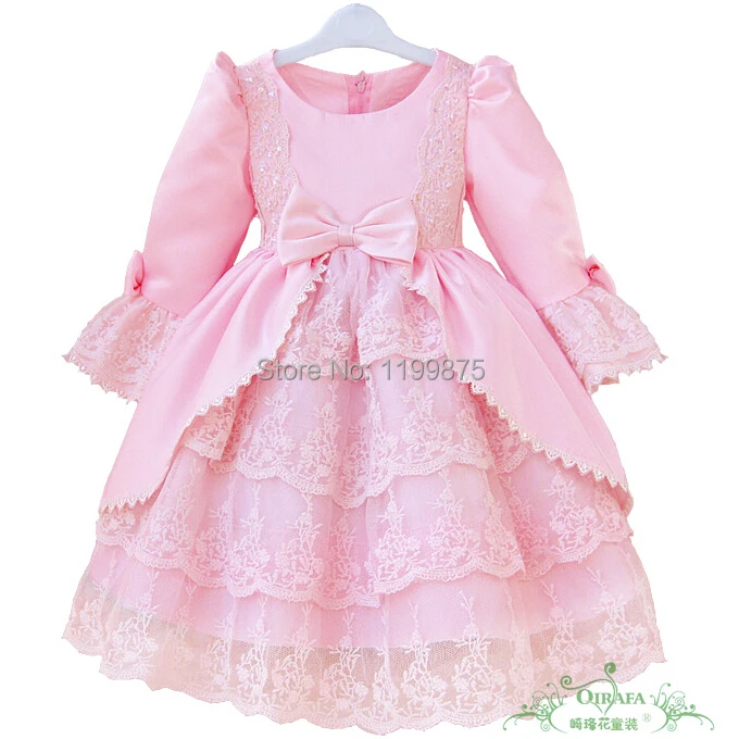 2014 Wholesale Satin Pink Girl Dress Princess Long Lace Flower Girl Dress With Bow White