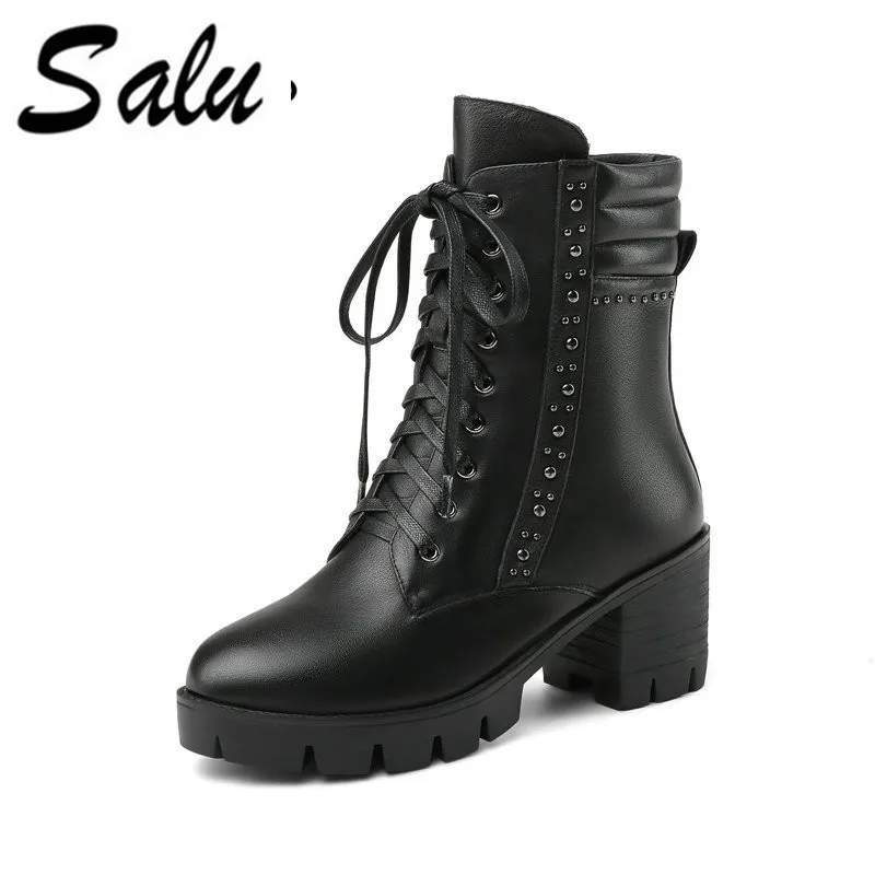 

Salu Boots Women Genuine Leather Ankle Boots for Women Heels Round Toe Black Chelsea Boots Female Spring Autumn Shoes Women