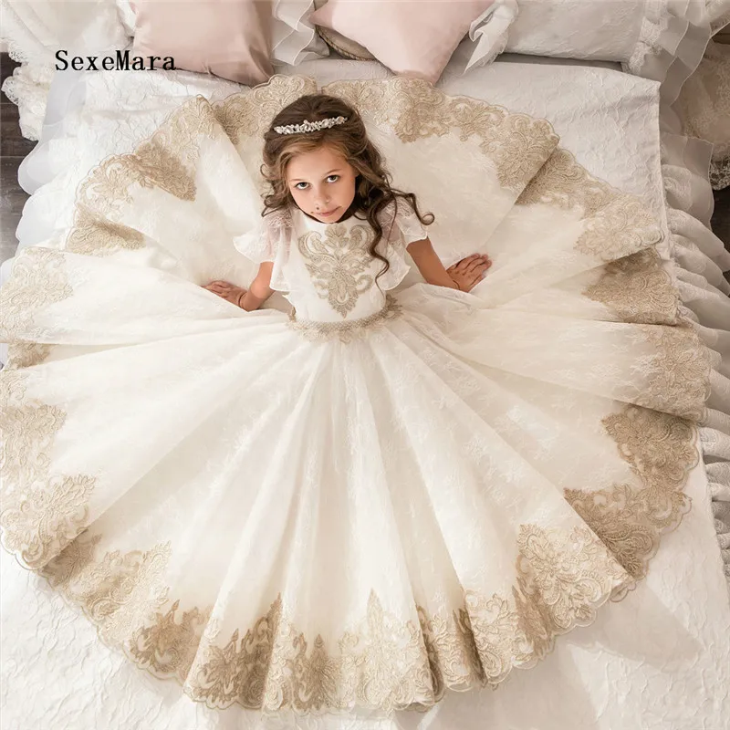 Real Picture Champagne Lace Puffy Flower Girls Dress for Wedding O Neck Tulle Girls Pageant Dress Birthday Gown Custom Made Size